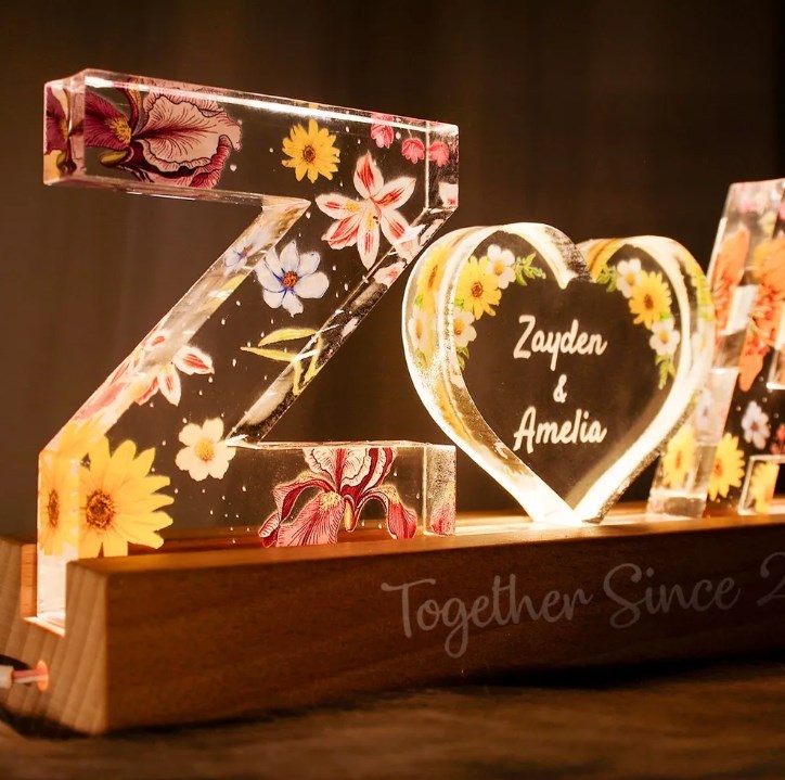 Couple Initial Letter, Flower Birth Month, Personalized LED Night Light