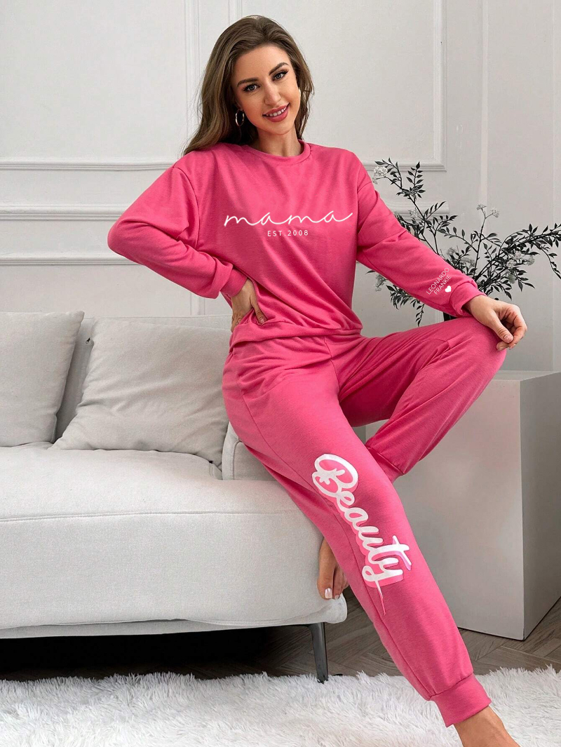 Personalized Mama Letter Graphic Tee & Plaid Print Pants Pajama Set, Custom Mama PJ Set with Kid Name On Sleeve, Mothers Day Gift-ilovevango