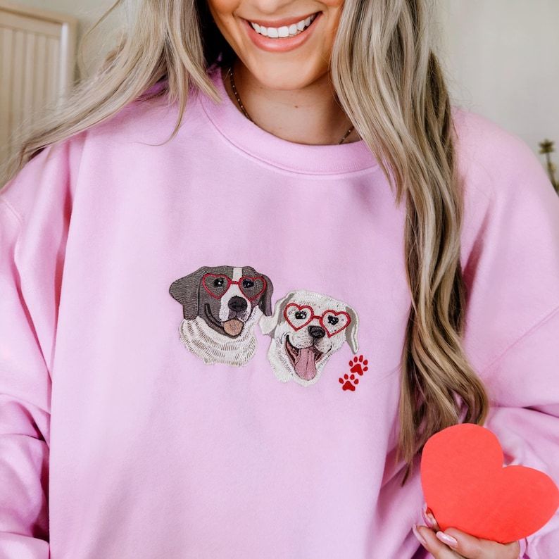 Custom Pet Portrait & Heart Shape Glasses Embroidered Sweatshirt, Hoodie, T-shirt, Valentine's Day Gift