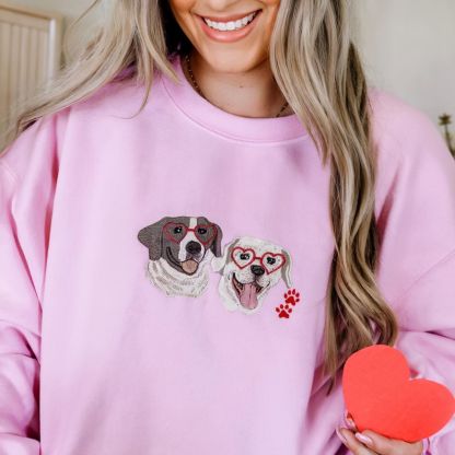 Custom Pet Portrait & Heart Shape Glasses Embroidered Sweatshirt, Hoodie, T-shirt, Valentine's Day Gift