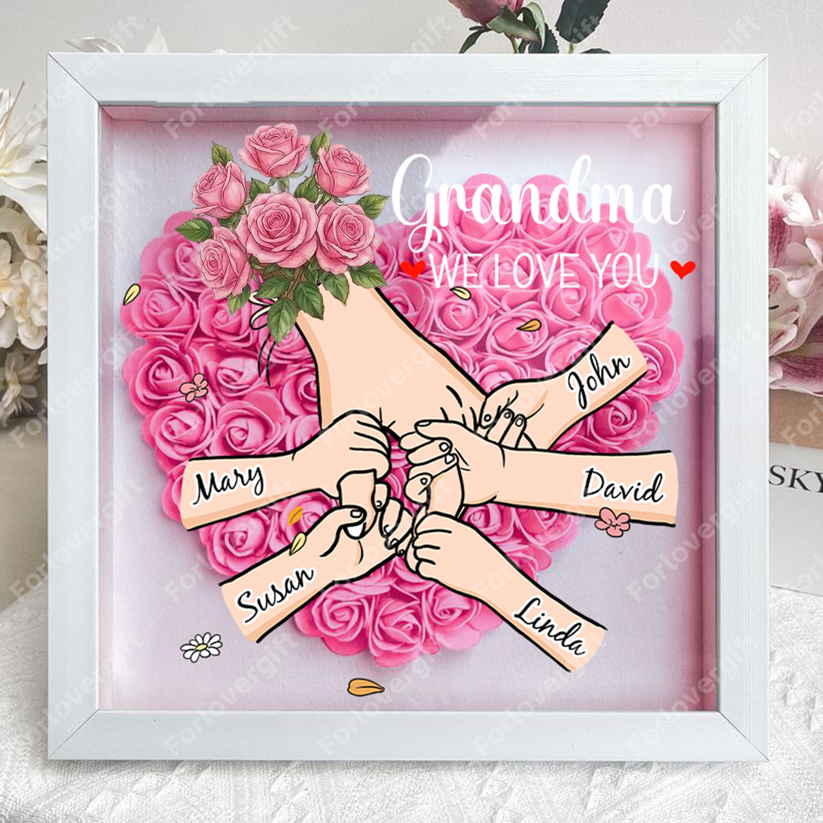ForlovergiftTM Custom Mom Flower Shadow Box – Holding Hands Frame with Choice of Bouquet, Mother’s Day Gift