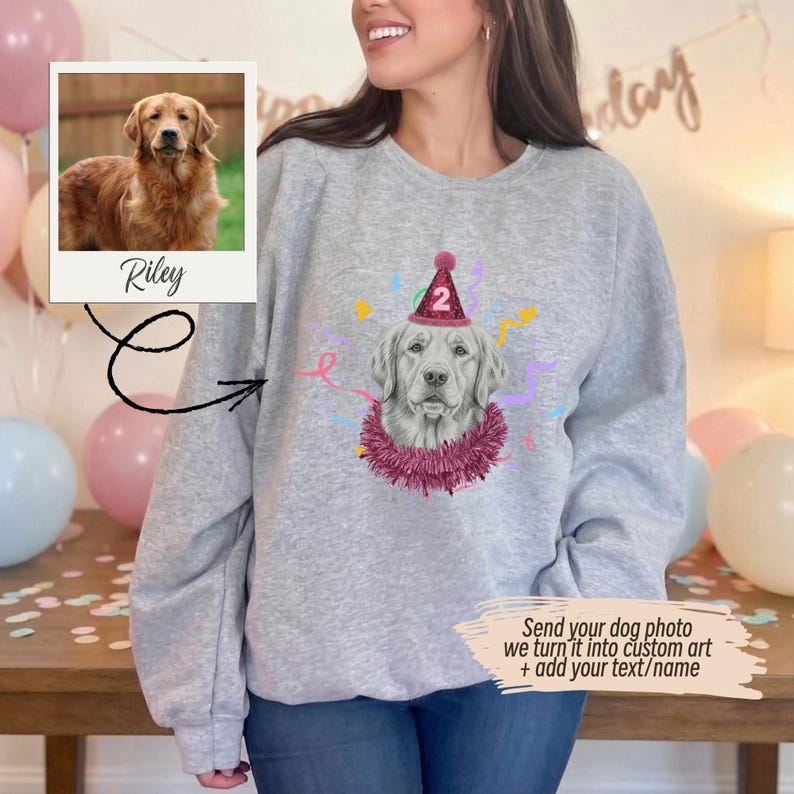 Custom Birthday Dog Sweatshirt, Personalized Pet Photo Hoodie, Dog or Cat Party Sketch Drawing