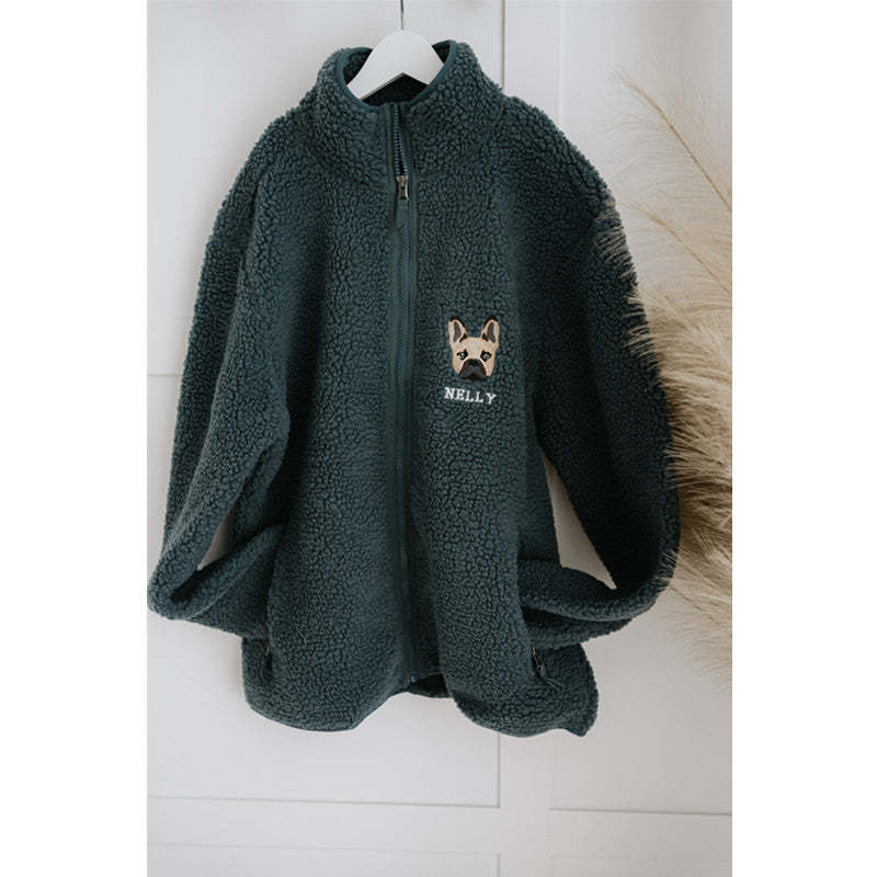 Personalized Embroidered Pet Portrait Recycled Sherpa Jacket Zip-up Jacket