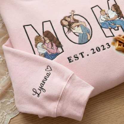 Pamaviva Embroidered Mama Sweatshirt with Multiple Portraits Custom Mama and Child Embroidery for Mother's Day Gift