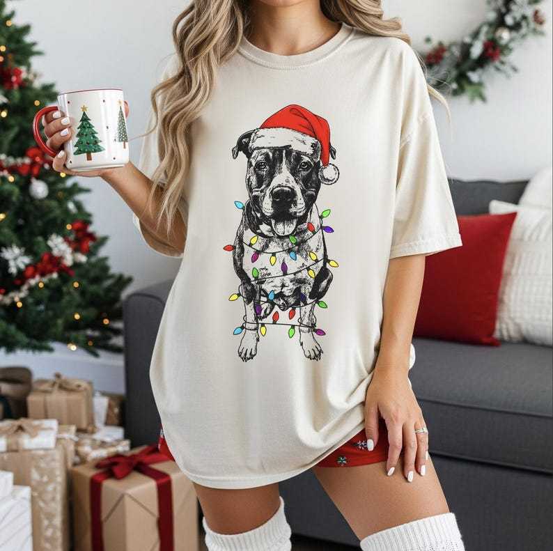 Custom Pet Christmas Crewneck with Santa Hat & Lights, Custom Dog Cat Graphic Tee