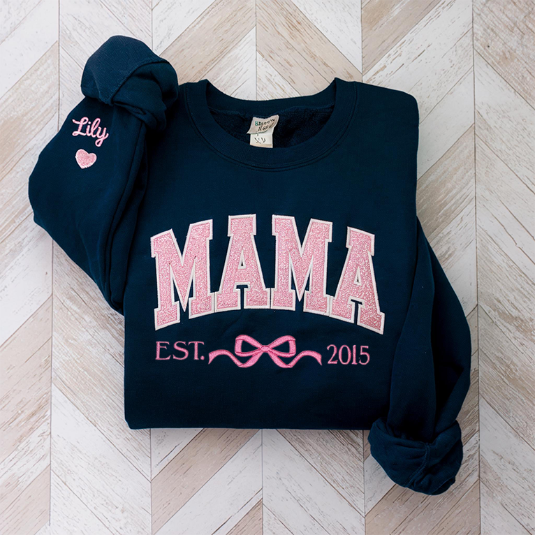 Personalized Mom Glitter Embroidered T-shirt &Sweatshirt With Bow Est Year