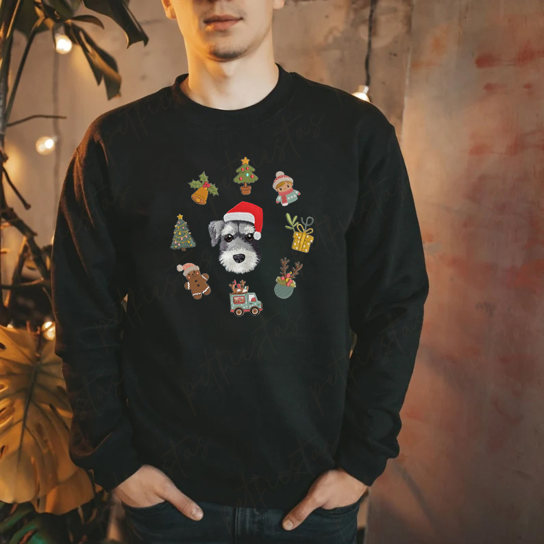 Custom Pet Portrait Christmas Sweatshirt with Festive Embroidered Elements