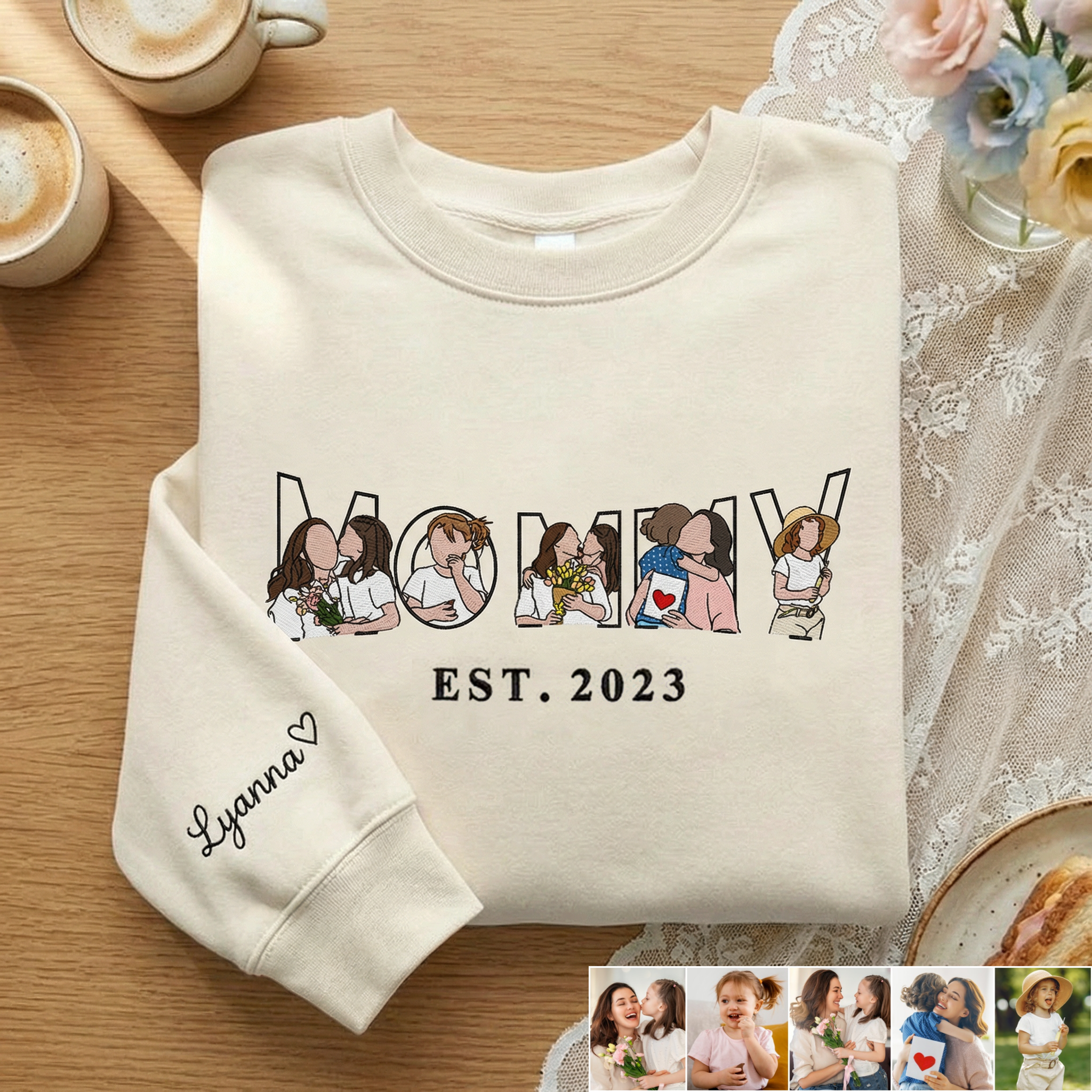 Pamaviva Embroidered Mama Sweatshirt with Multiple Portraits Custom Mama and Child Embroidery for Mother's Day Gift