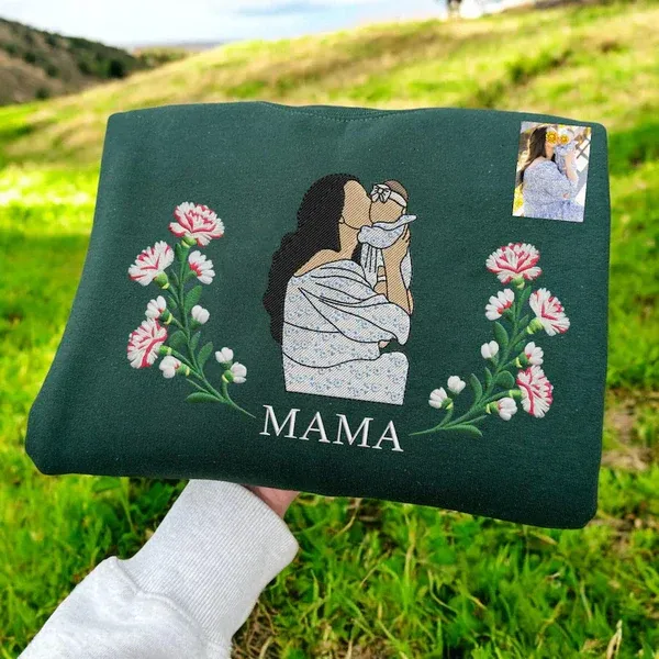 Blooming With Love – Custom Embroidered Birthday Flower Portrait from Photo Sweatshirt Hoodie, Perfect Gift for Mom, Dad & Family