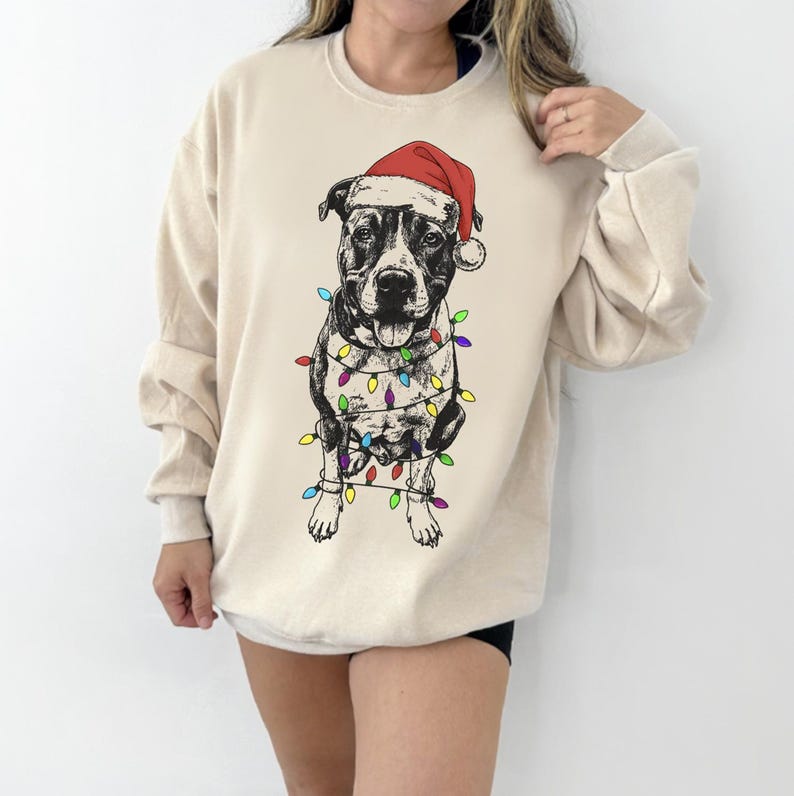 Custom Pet Christmas Crewneck with Santa Hat & Lights, Custom Dog Cat Graphic Tee