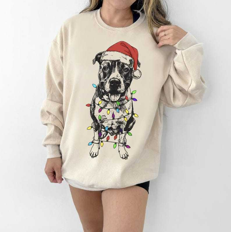 Custom Pet Christmas Crewneck with Santa Hat & Lights, Custom Dog Cat Graphic Tee