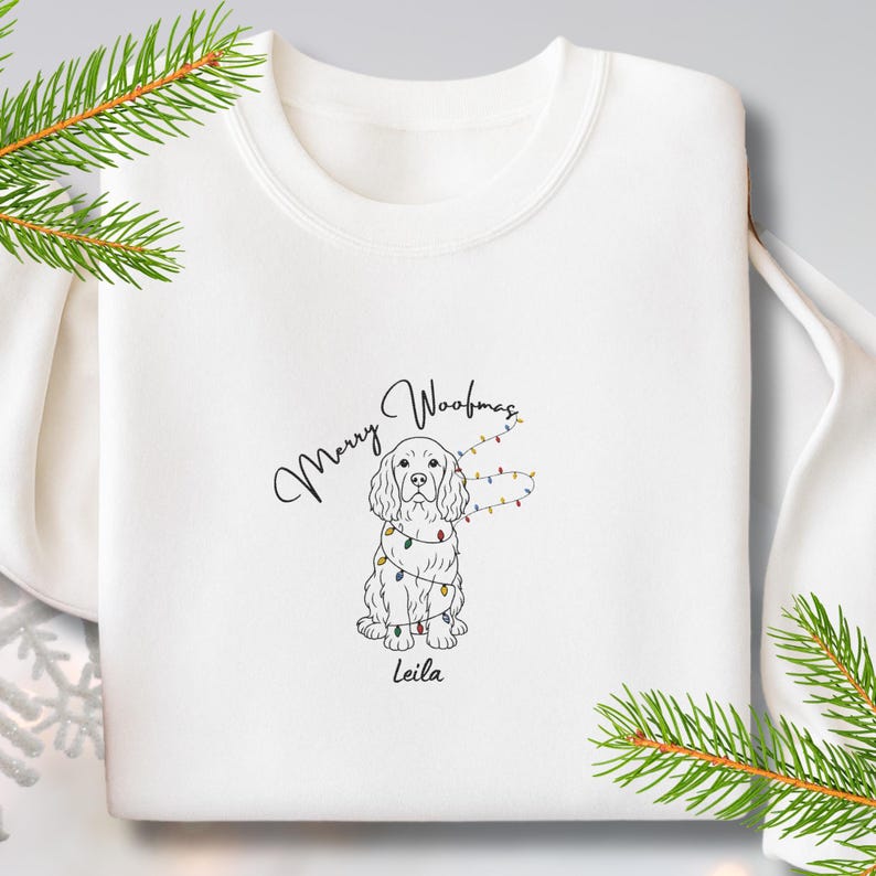 Merry Woofmas Custom Pet Embroidered Sweatshirt with Christmas Light Strings