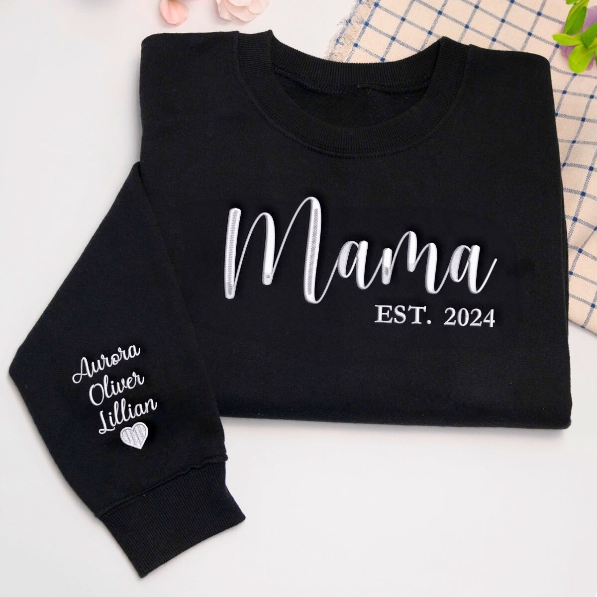 Mama EST Sweatshirt or Hoodie, Embroidered Gift for Mother's Day