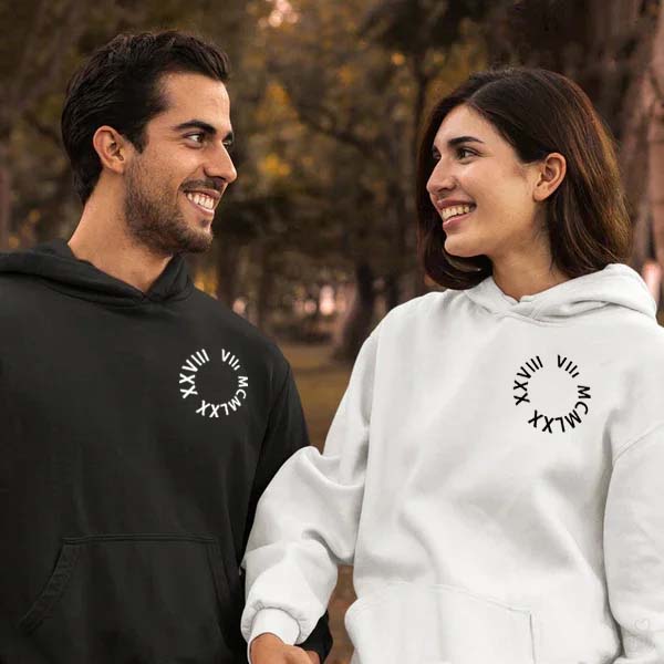 (Round) Custom Embroidered Roman Numeral Date Couple's Crewneck