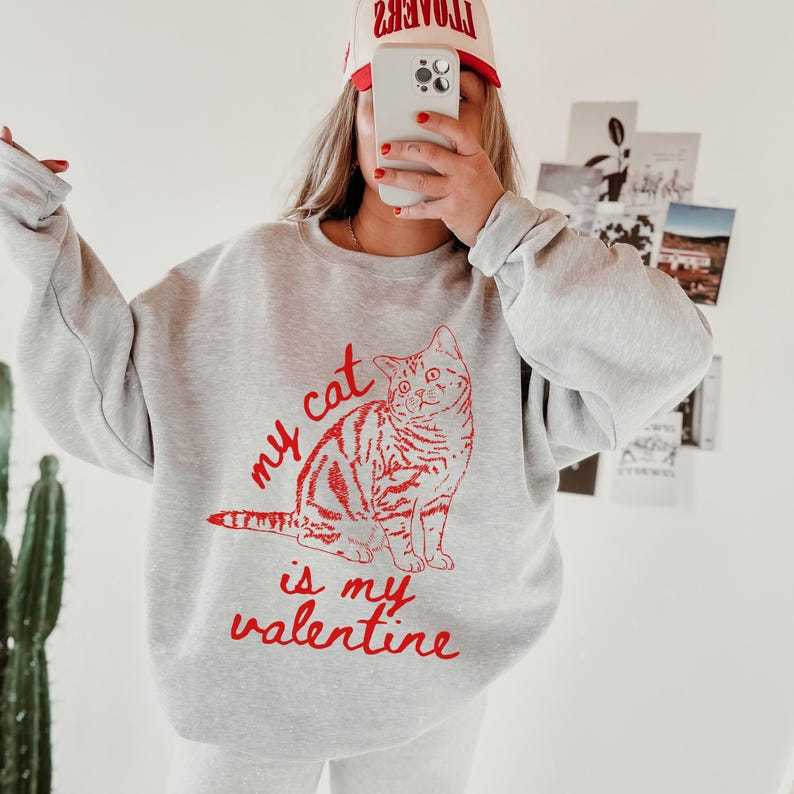 My Cat Is My Valentine Sweatshirt, Custom Cat Photo Line Art Retro Valentines Day Shirt