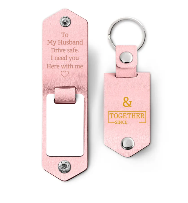 Custom Photo Together Since Drive Safe I Need You Here With Me - Gift For Boyfriends, Husbands, Couples - Personalized Leather Photo Keychain-ilovevango