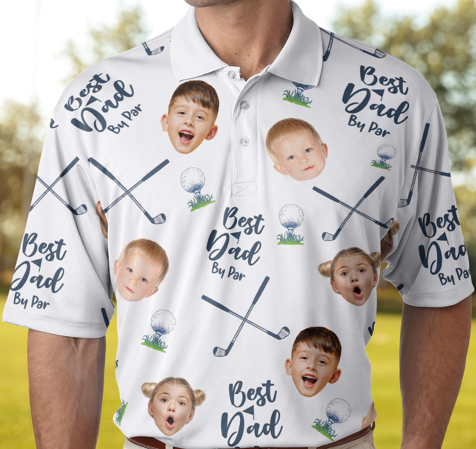 Best Dad By Par- Personalized Polo Shirt with Face, Customized Polo for Golfer, Great Gift for Dad, Father, Golf Gift for Men, Golf Shirt-ilovevango