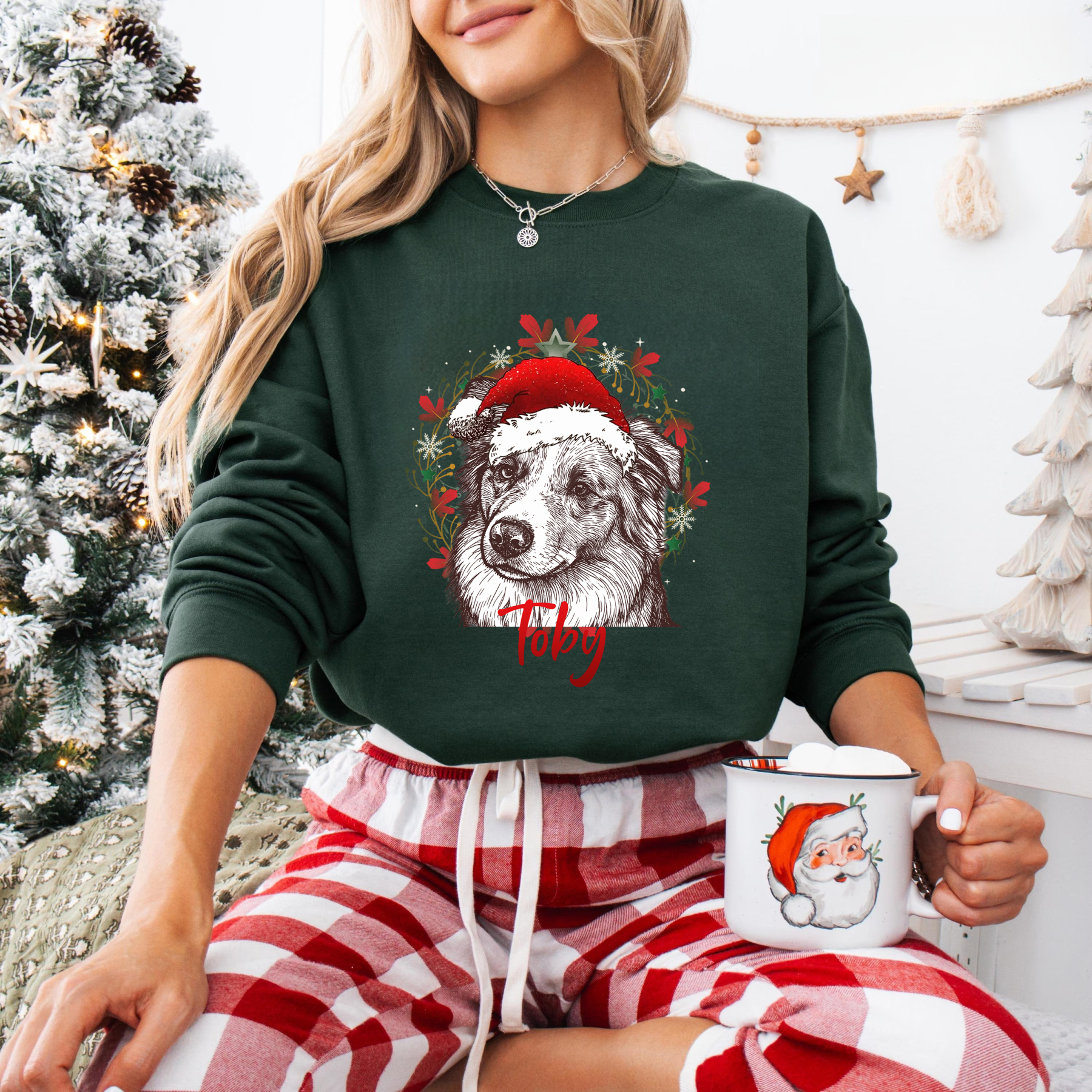 PetFiestas® Custom Pet Santa Hat Sweatshirt with Christmas Circle Background
