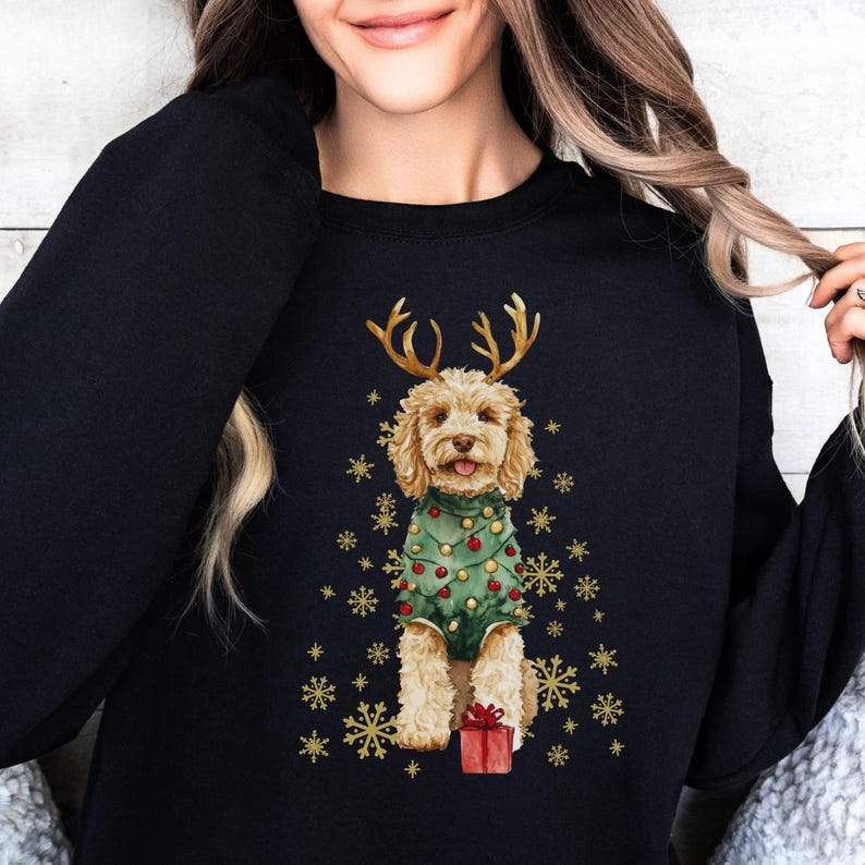 Custom Dog Christmas Sweatshirt with Golden/White Snowflakes Design