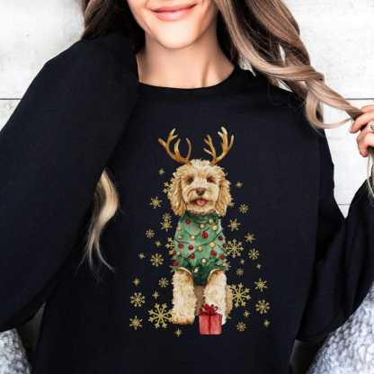 Custom Dog Christmas Sweatshirt with Golden/White Snowflakes Design