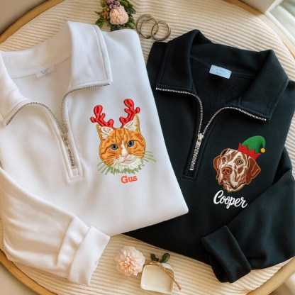 Custom Pet Portrait Embroidered Quarter Zip Christmas Sweatshirt