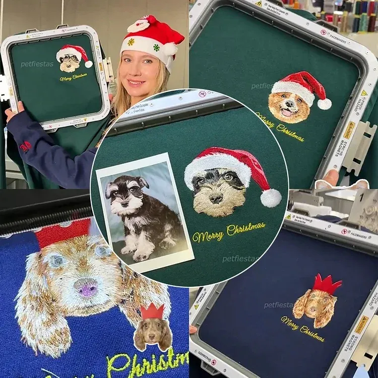 Custom Christmas Pet Embroidered Sweatshirt, Custom Pet Face Hoodie Sweatshirt T-shirt