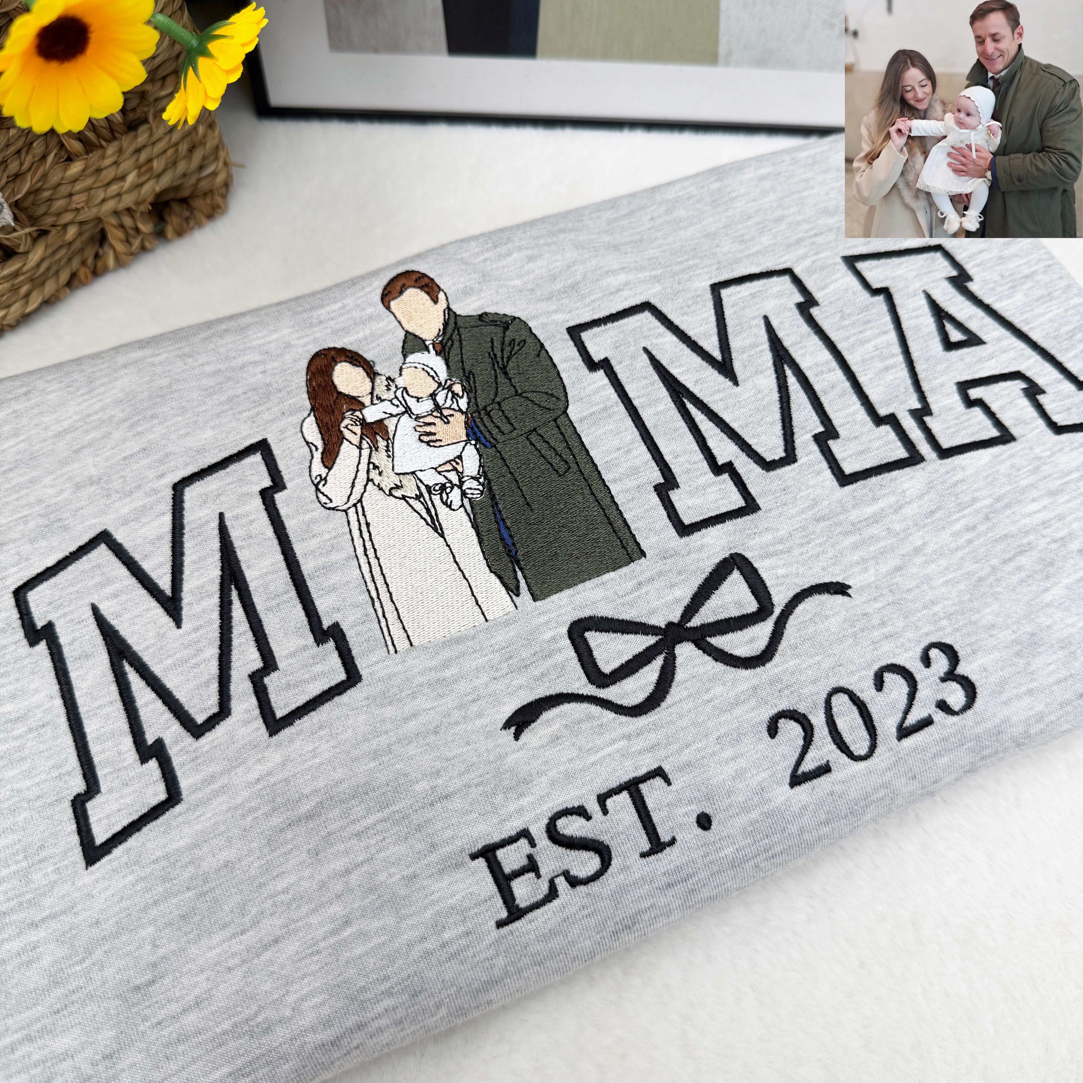 Custom Mama Mom T-Shirt Sweatshirt with Photo and Kids Portrait with Bow Embroidery