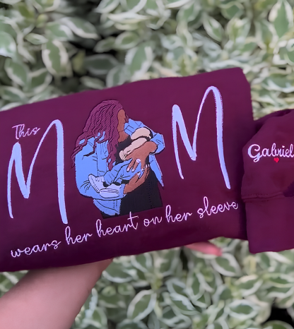 Mom Wears Her Heart On Her Sleeve Custom Photo Embroidered T-Shirt Crew Neck Hooded Sweatshirt