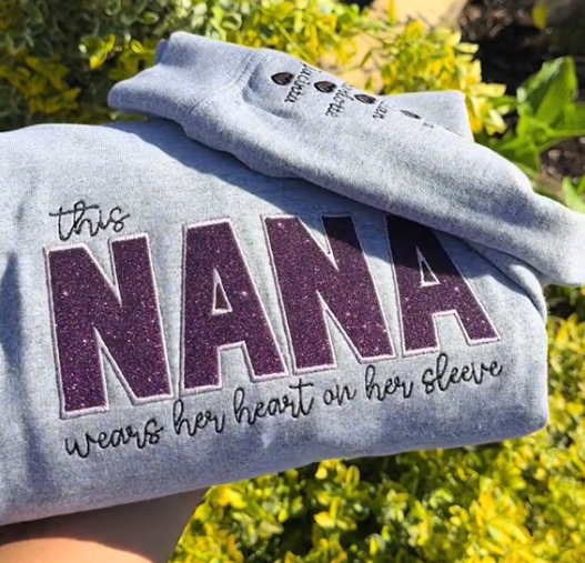Mom Wears Her Heart on Her Sleeves Custom Embroidered T-Shirt ,Sequined Sweatshirt Gift for Mom & Nana