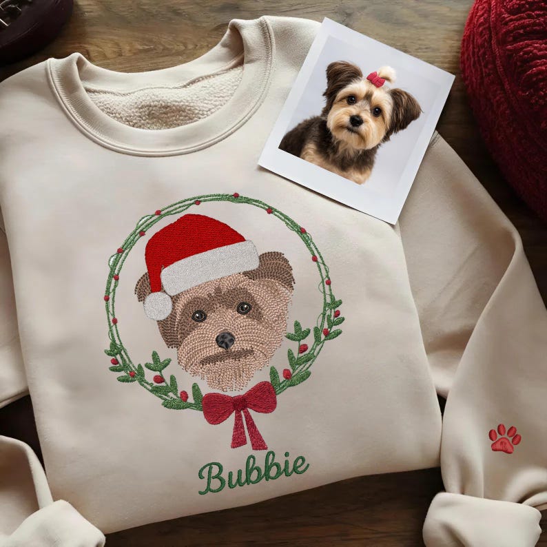 Custom Pet Embroidered Christmas Sweatshirt, Personalized Dog or Cat Portrait Crewneck