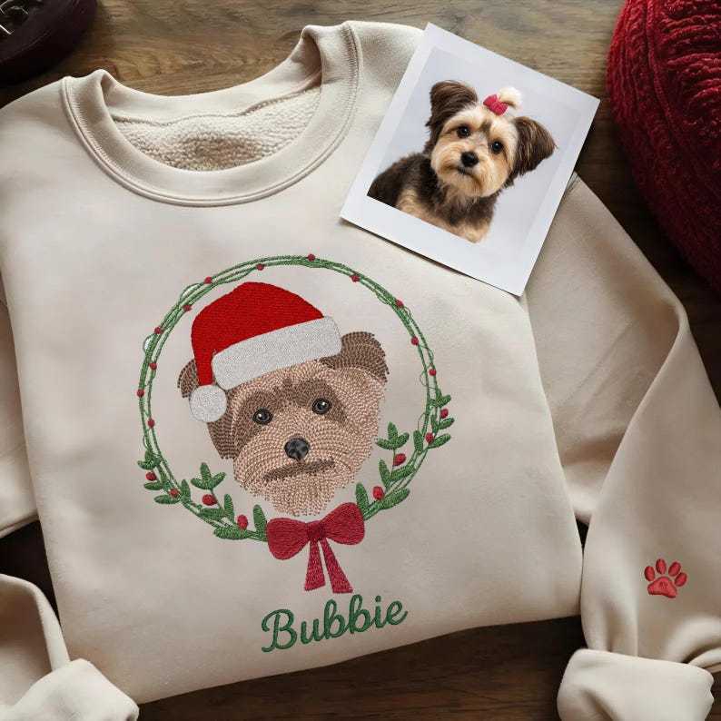Custom Pet Embroidered Christmas Sweatshirt, Personalized Dog or Cat Portrait Crewneck