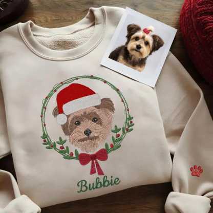 Custom Pet Embroidered Christmas Sweatshirt, Personalized Dog or Cat Portrait Crewneck
