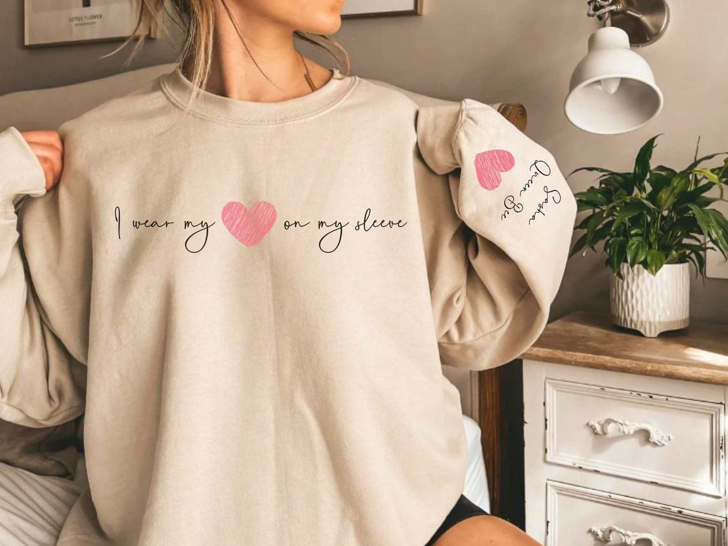 I Wear My Heart On My Sleeve - Family Personalized Custom Unisex Sweatshirt With Design On Sleeve - Gift For Mom, Grandma-ilovevango