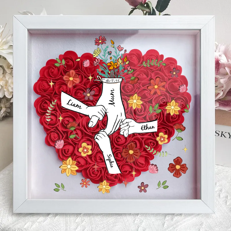 Personalised Flower Shadow Box, hand holding with many flowers