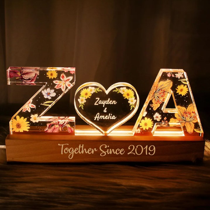 Couple Initial Letter, Flower Birth Month, Personalized LED Night Light