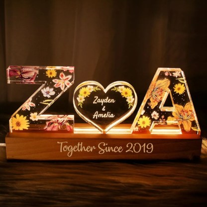 Couple Initial Letter, Flower Birth Month, Personalized LED Night Light