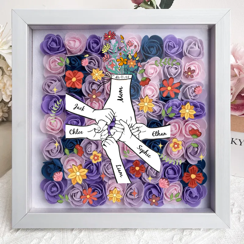 Personalised Flower Shadow Box, hand holding with many flowers