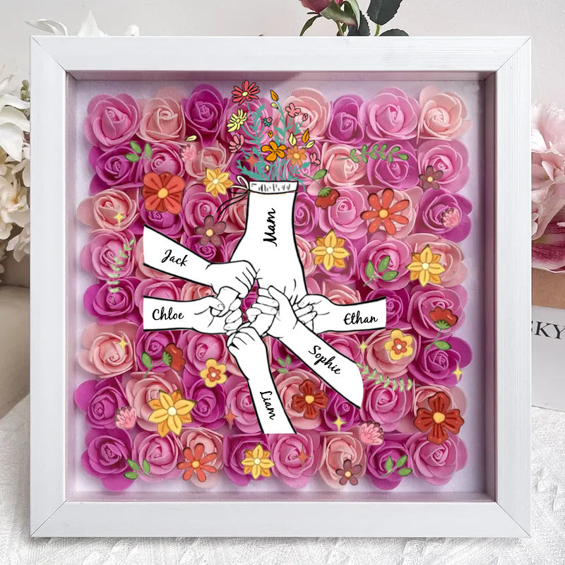 Personalised Flower Shadow Box, hand holding with many flowers