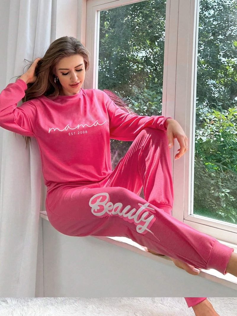 Personalized Mama Letter Graphic Tee & Plaid Print Pants Pajama Set, Custom Mama PJ Set with Kid Name On Sleeve, Mothers Day Gift-ilovevango