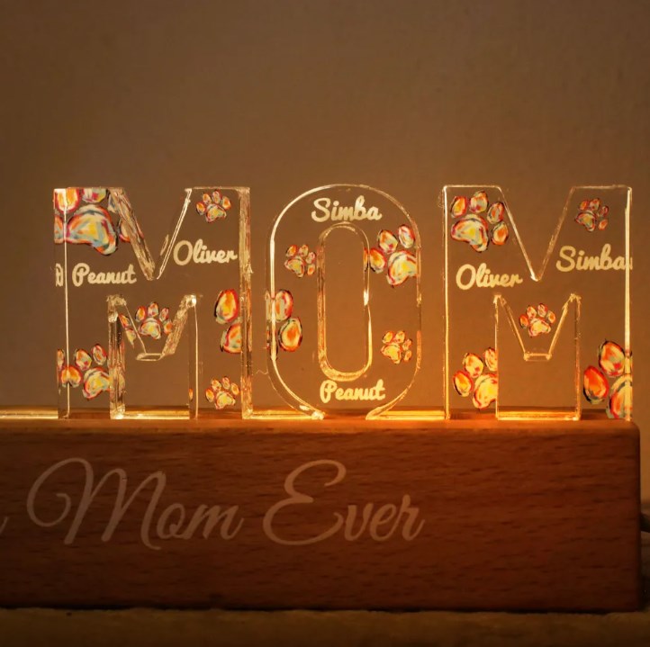 Dog Mom Colorful Watercolor Paw Personalized LED Night Light