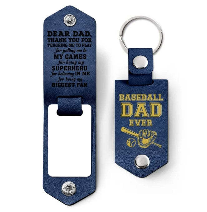 Custom Photo Dear Dad Thank You For Teaching Me - Birthday, Loving Gift For Baseball, Softball Father - Personalized Leather Photo Keychain-ilovevango