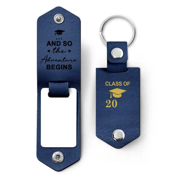 Custom Photo And So The Adventure Begins - Graduation Gift - Personalized Leather Photo Keychain
