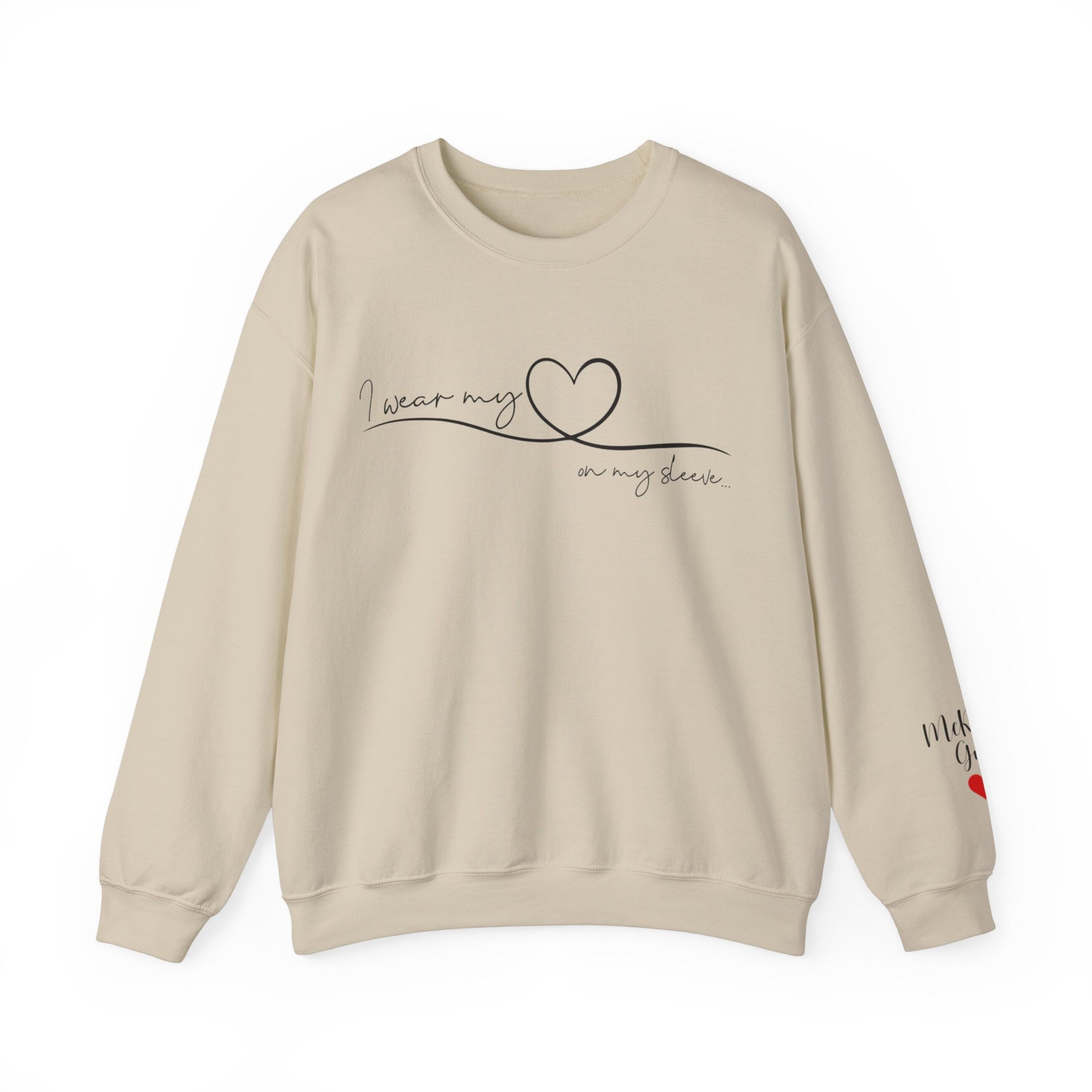 I Wear My Heart On My Sleeve Sweatshirt With Kid Names, Custom Mom Sweatshirt, Kids Names On Sleeve-ilovevango