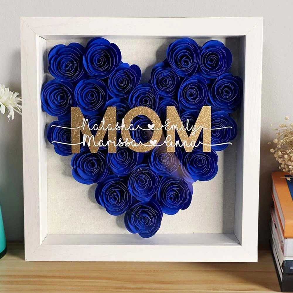 Handmade Heart Flower Mom Shadow Box with Kids Names
