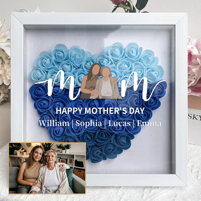 Mom Heart Outline Photo Shaped Monogram Flower Shadow Box Gift