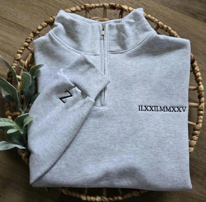 Custom Roman Numeral Embroidered Pullover with Quarter-Turn Zipper