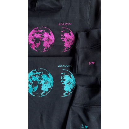 Custom Embroidered Couple Hoodie with Moon & Silhouette Design