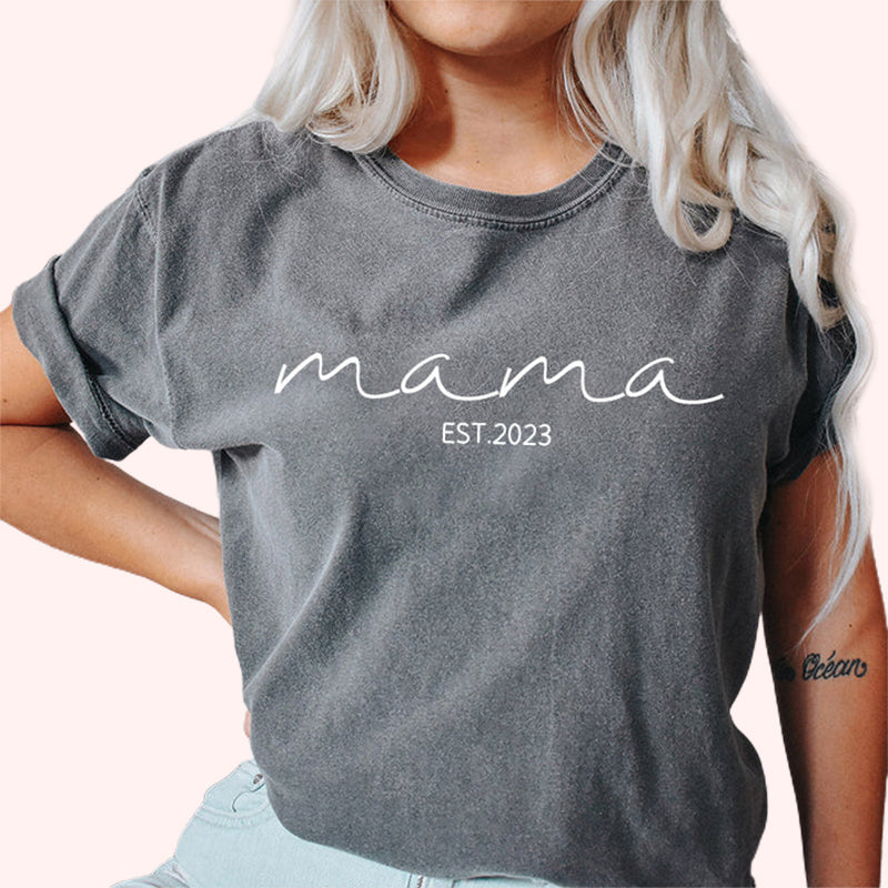 Personalised Chest Text Customization Mama Est Year T-shirt, with Children's Names on the Sleeve, Mother's Day Gift-ilovevango