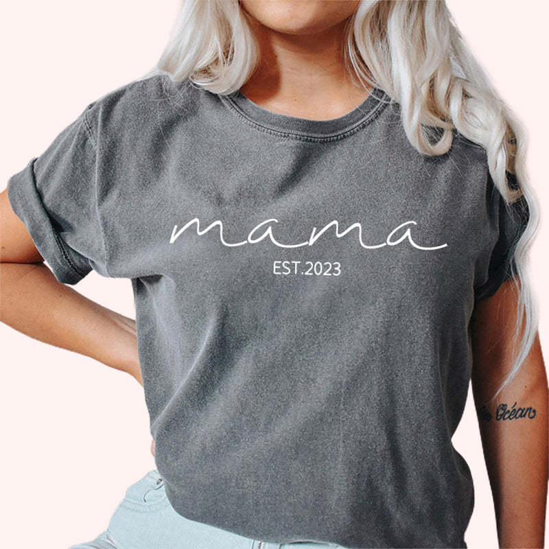 Personalised Chest Text Customization Mama Est Year T-shirt, with Children's Names on the Sleeve, Mother's Day Gift-ilovevango