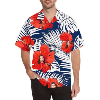 Custom Face Hawaiian Shirt Red Flower Leaves Aloha Shirts for Boyfriend/Husband Birthday Vacation Party Gift-ilovevango